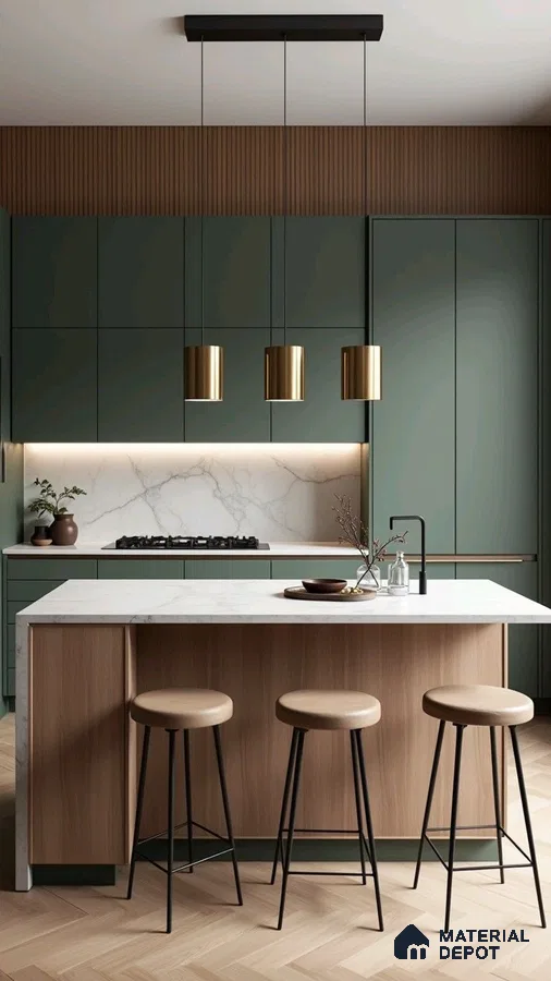 Modern kitchen with sage green laminate cabinets, white marble backsplash, and light oak island in Bengaluru | Material Depot