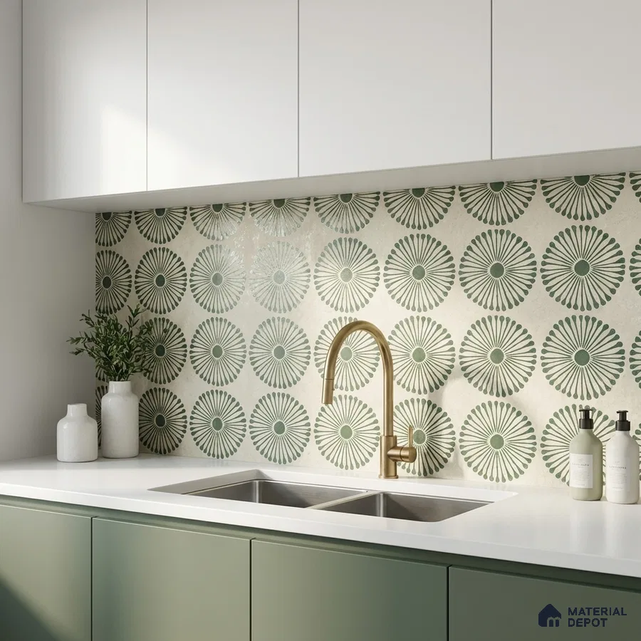 Modern kitchen with sage green laminate cabinets, white quartz countertop, and geometric green patterned backsplash tile