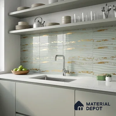 Modern kitchen with sage green laminate cabinets, white quartz countertop, and gold-accented wavy backsplash tiles