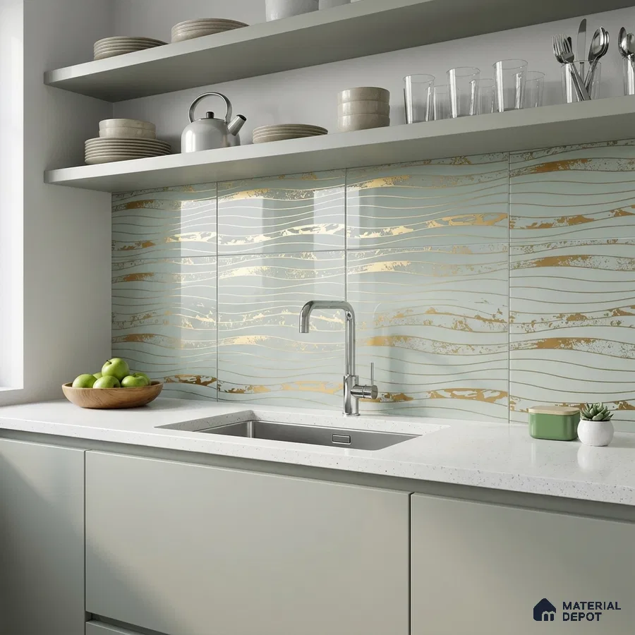 Modern kitchen with sage green laminate cabinets, white quartz countertop, and gold-accented wavy backsplash tiles