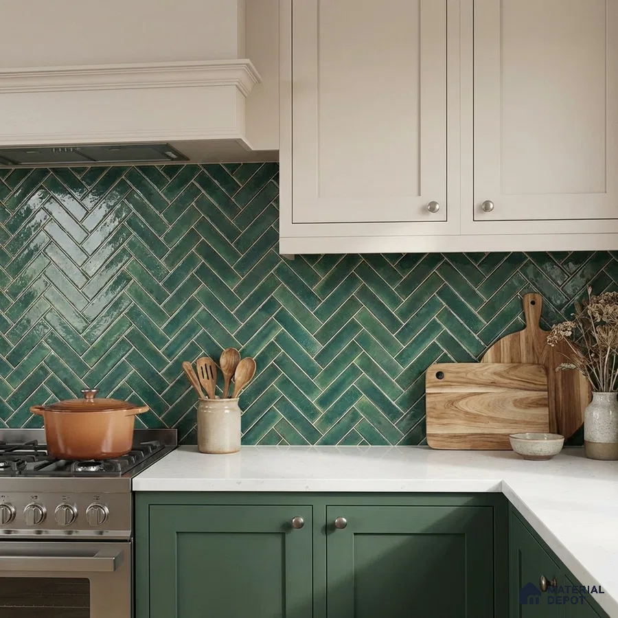 Modern kitchen with sage green laminate cabinets, white quartz countertop, and green herringbone subway tile backsplash
