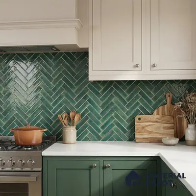 Modern kitchen with sage green laminate cabinets, white quartz countertop, and green herringbone subway tile backsplash