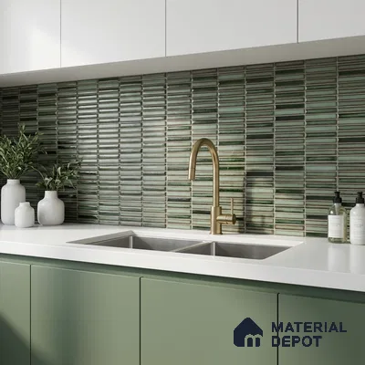 Modern kitchen with sage green laminate cabinets, white quartz countertop, and green kitkat backsplash tiles