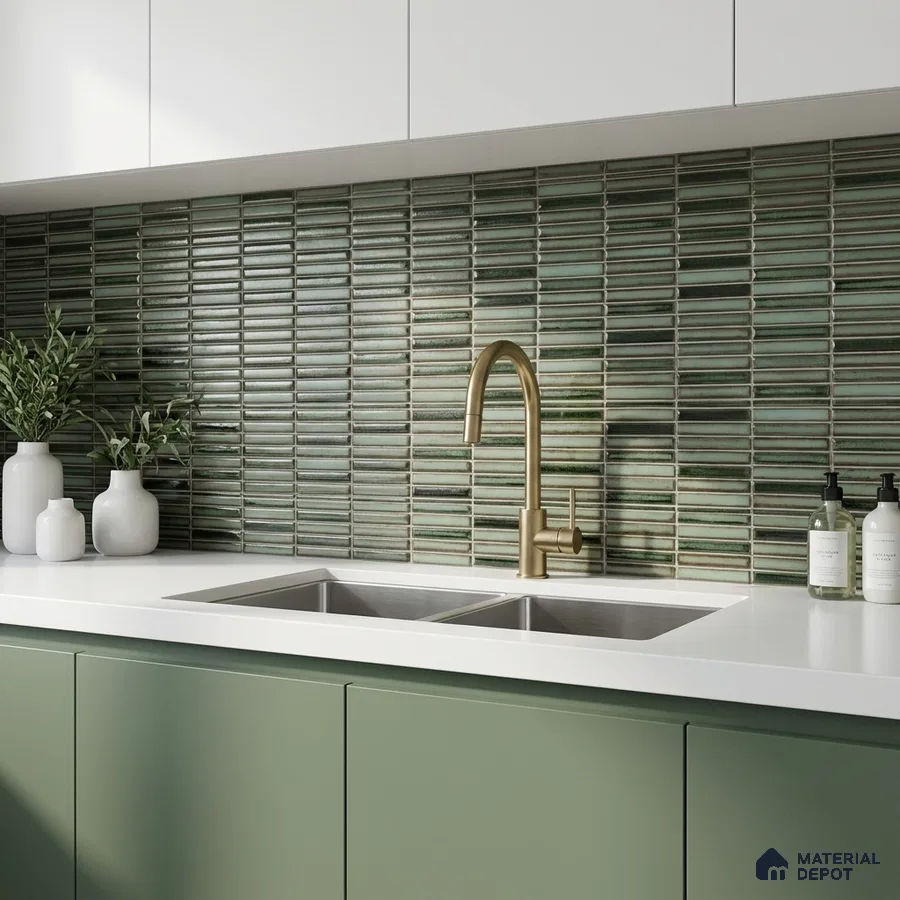 Modern kitchen with sage green laminate cabinets, white quartz countertop, and green kitkat backsplash tiles