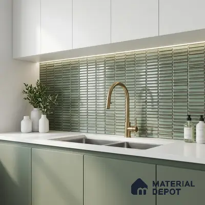 Modern kitchen with sage green laminate cabinets, white quartz countertop, and green kitkat backsplash tiles