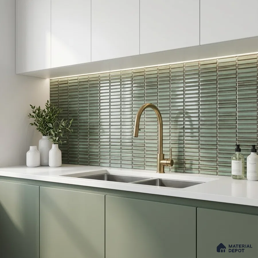Modern kitchen with sage green laminate cabinets, white quartz countertop, and green kitkat backsplash tiles