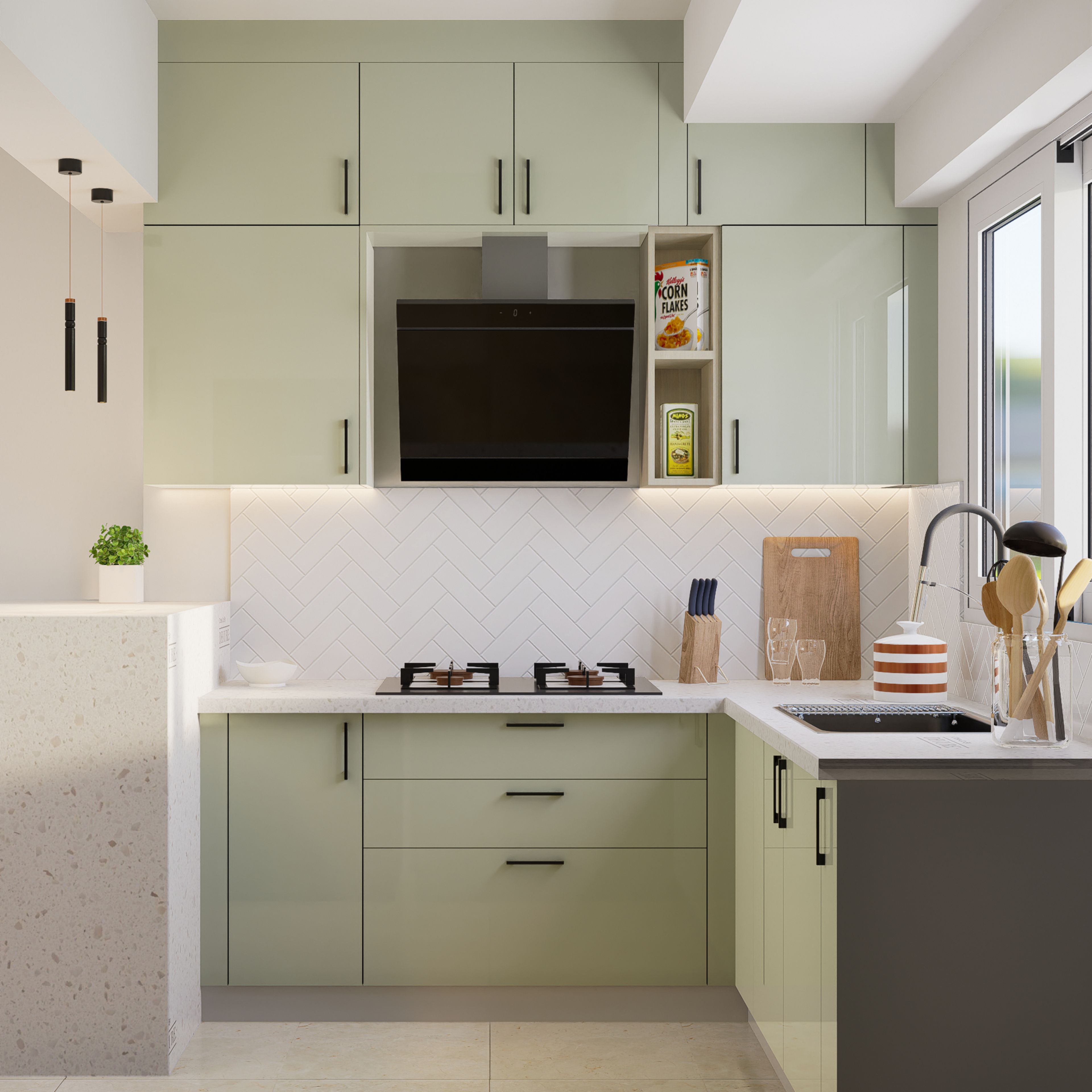 Modern kitchen with sage green laminate cabinets, white quartz countertop, and herringbone white subway tile backsplash in Bengaluru | Material Depot