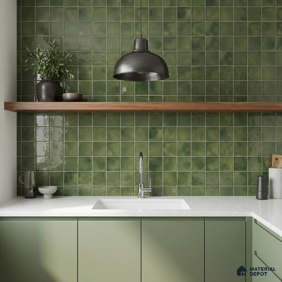 Modern kitchen with sage green laminate cabinets, white quartz countertop, and olive green square wall tiles