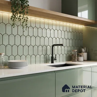 Modern kitchen with sage green laminate cabinets, white quartz countertop, and sage green geometric backsplash tile