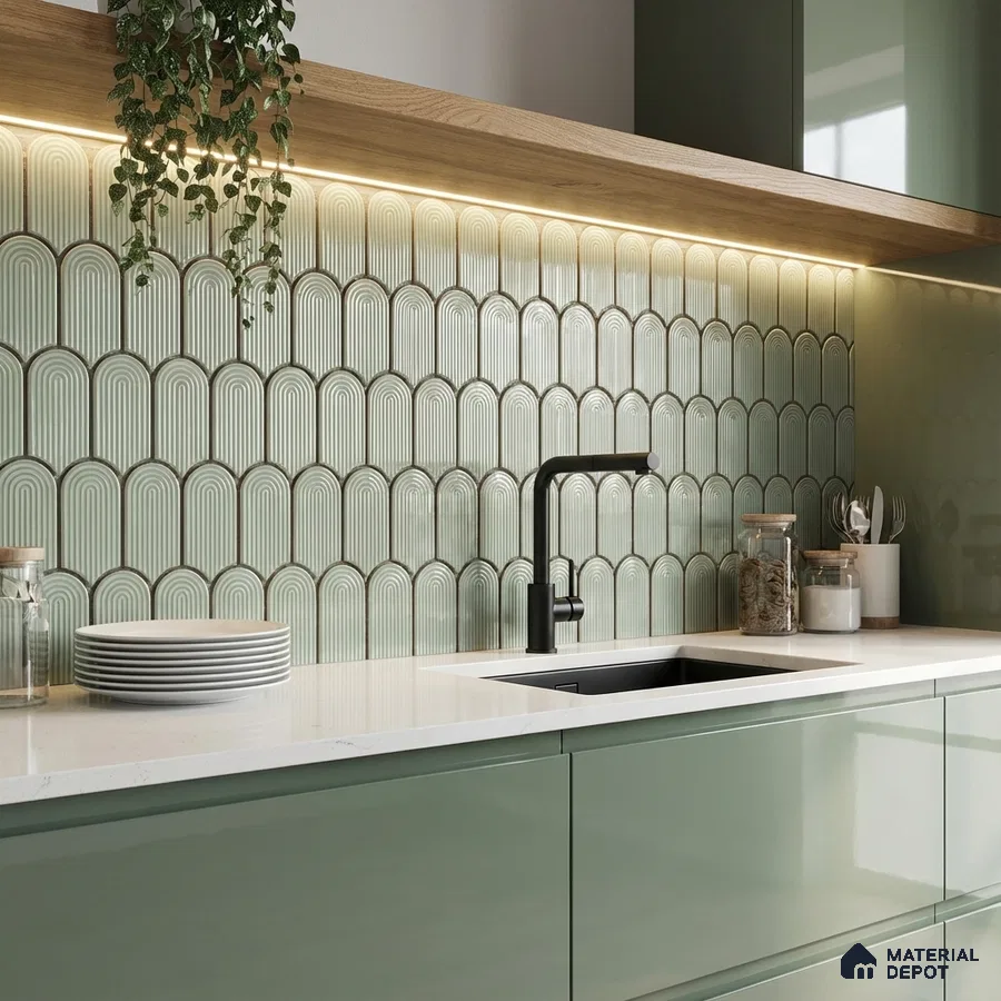 Modern kitchen with sage green laminate cabinets, white quartz countertop, and sage green geometric backsplash tile