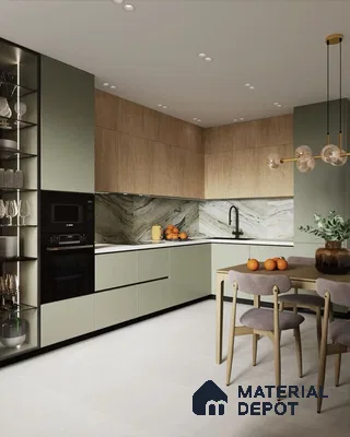 Modern kitchen with sage green laminate, light oak laminate, and marble backsplash in Bengaluru | Material Depot