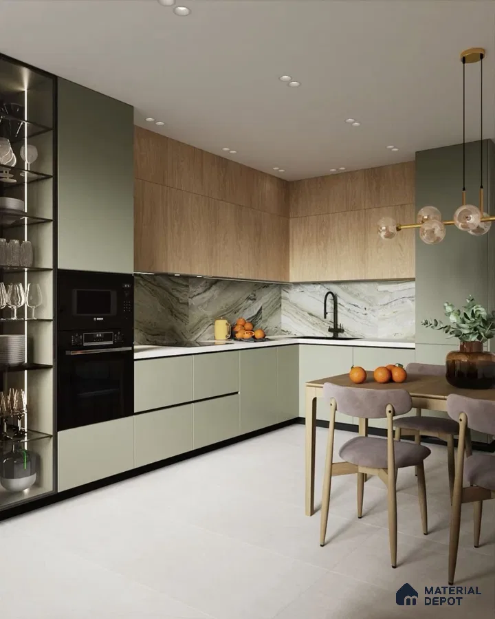 Modern kitchen with sage green laminate, light oak laminate, and marble backsplash in Bengaluru | Material Depot