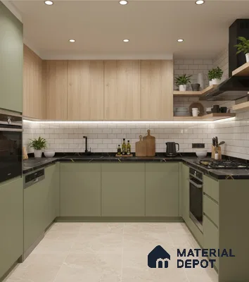 Modern kitchen with sage green laminate, light oak laminate, black marble countertop, and white subway backsplash tiles in Bengaluru