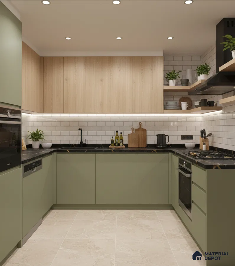 Modern kitchen with sage green laminate, light oak laminate, black marble countertop, and white subway backsplash tiles in Bengaluru