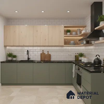 Modern kitchen with sage green laminate, light oak laminate, black marble countertop, and white subway tile backsplash in Bengaluru
