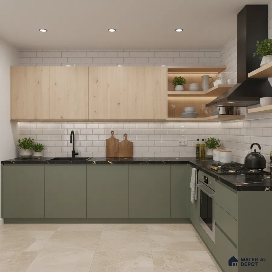 Modern kitchen with sage green laminate, light oak laminate, black marble countertop, and white subway tile backsplash in Bengaluru
