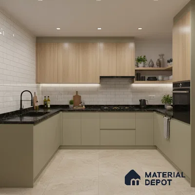 Modern kitchen with sage green laminate, light oak laminate, black marble countertop, and white subway tile backsplash in Bengaluru