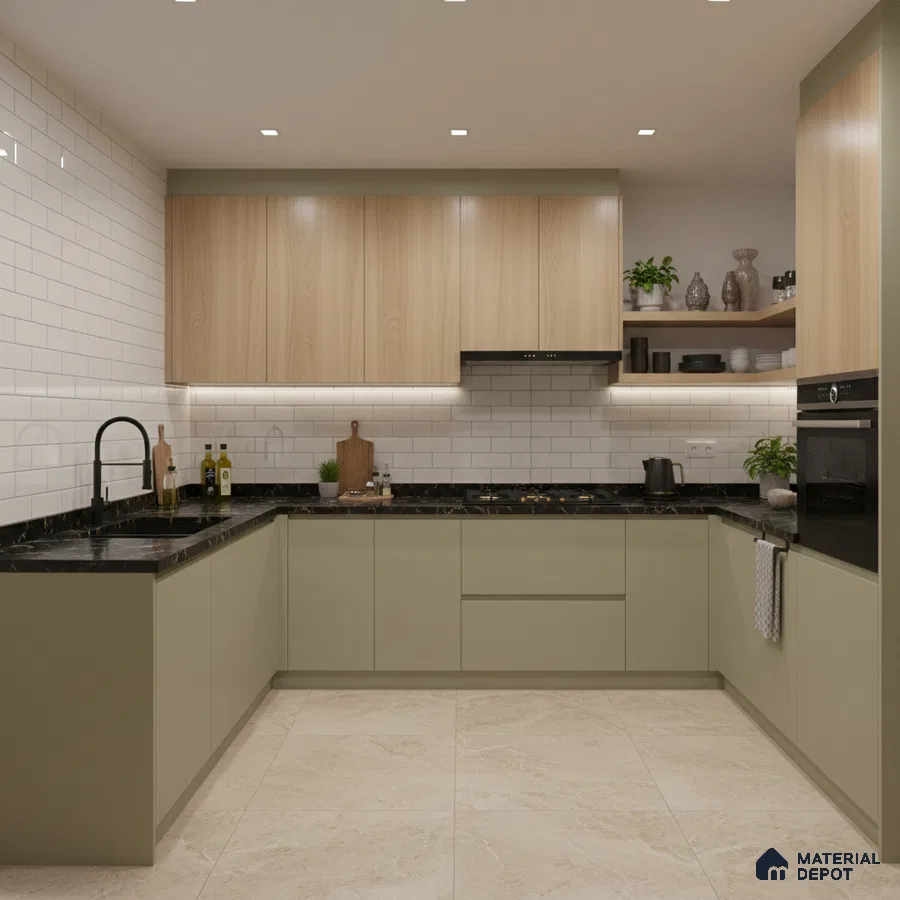 Modern kitchen with sage green laminate, light oak laminate, black marble countertop, and white subway tile backsplash in Bengaluru