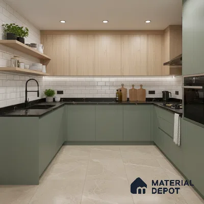 Modern kitchen with sage green laminate, light oak laminate, black quartz countertop, and white subway tile backsplash in Bengaluru