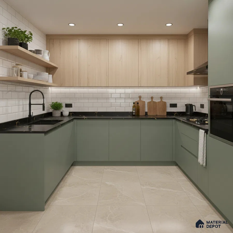 Modern kitchen with sage green laminate, light oak laminate, black quartz countertop, and white subway tile backsplash in Bengaluru