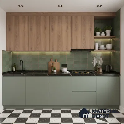 Modern kitchen with sage green laminate, natural oak laminate, green subway backsplash tile, and geometric black-and-white floor tile in Bengaluru