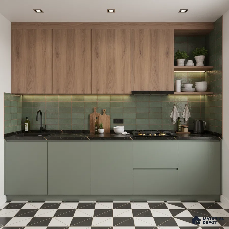 Modern kitchen with sage green laminate, natural oak laminate, green subway backsplash tile, and geometric black-and-white floor tile in Bengaluru