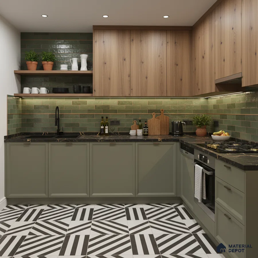 Modern kitchen with sage green laminate, natural wood laminate, green subway backsplash tile, and geometric patterned floor tile in Bengaluru