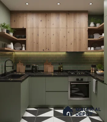 Modern kitchen with sage green laminate, natural wood laminate, green subway tile backsplash, and geometric black-and-white floor tiles in Bengaluru