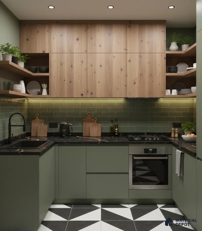 Modern kitchen with sage green laminate, natural wood laminate, green subway tile backsplash, and geometric black-and-white floor tiles in Bengaluru