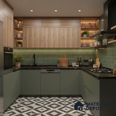 Modern kitchen with sage green laminate, natural wood laminate, green subway tile backsplash, and geometric black-and-white floor tiles in Bengaluru