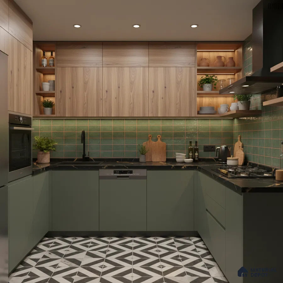 Modern kitchen with sage green laminate, natural wood laminate, green subway tile backsplash, and geometric black-and-white floor tiles in Bengaluru