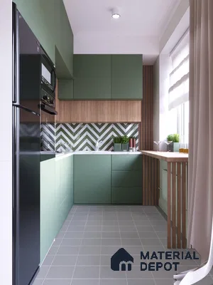 Modern kitchen with sage green laminate, oak wood laminate, and chevron backsplash tile in Bengaluru | Material Depot