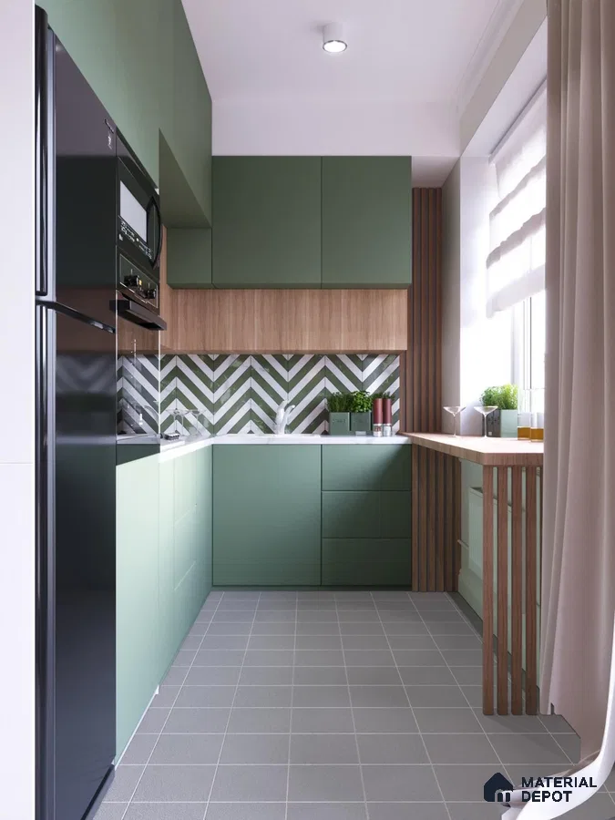 Modern kitchen with sage green laminate, oak wood laminate, and chevron backsplash tile in Bengaluru | Material Depot