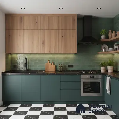 Modern kitchen with sage green laminate, oak wood laminate, green subway tile backsplash, and black-and-white geometric floor tiles in Bengaluru
