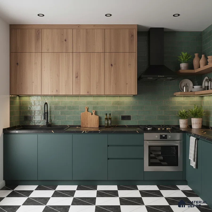 Modern kitchen with sage green laminate, oak wood laminate, green subway tile backsplash, and black-and-white geometric floor tiles in Bengaluru