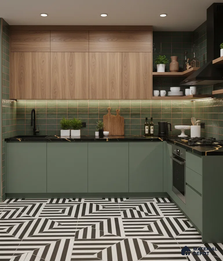 Modern kitchen with sage green laminate, walnut wood laminate, black marble countertop, and geometric black-and-white floor tiles in Bengaluru