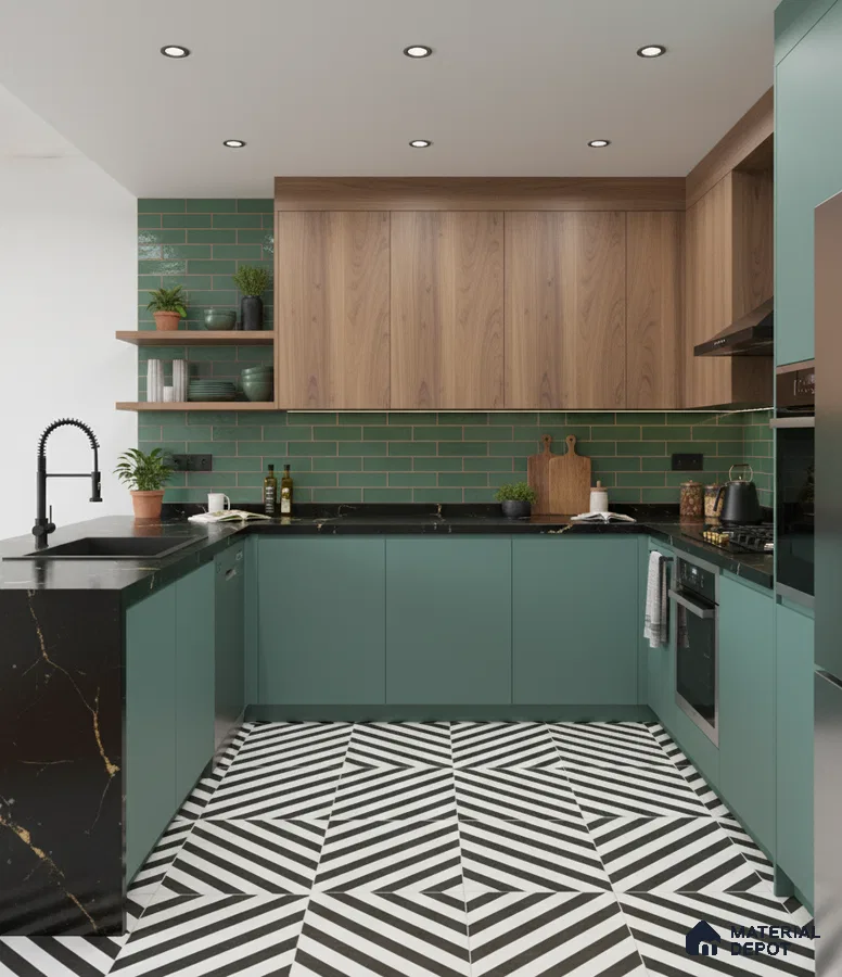 Modern kitchen with sage green laminate, walnut wood laminate, black marble countertop, and geometric black-and-white floor tiles in Bengaluru