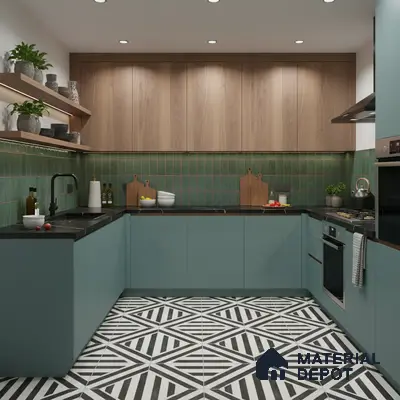 Modern kitchen with sage green laminate, walnut wood laminate, green subway backsplash tile, and geometric black-and-white floor tile in Bengaluru