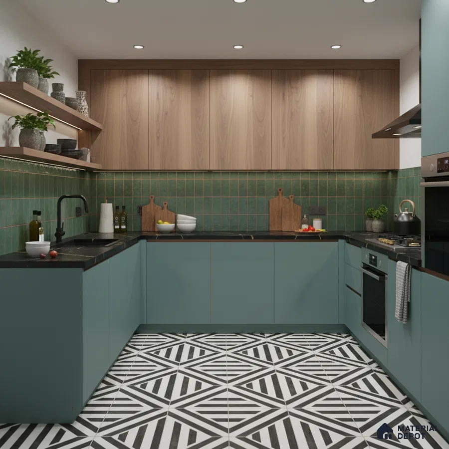Modern kitchen with sage green laminate, walnut wood laminate, green subway backsplash tile, and geometric black-and-white floor tile in Bengaluru