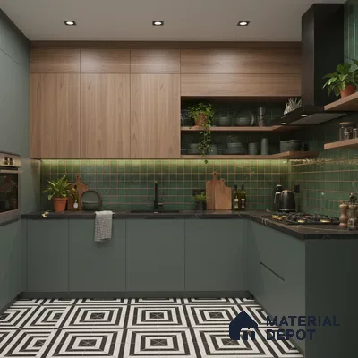 Modern kitchen with sage green laminate, walnut wood laminate, green subway backsplash tile, and geometric black-and-white floor tile in Bengaluru