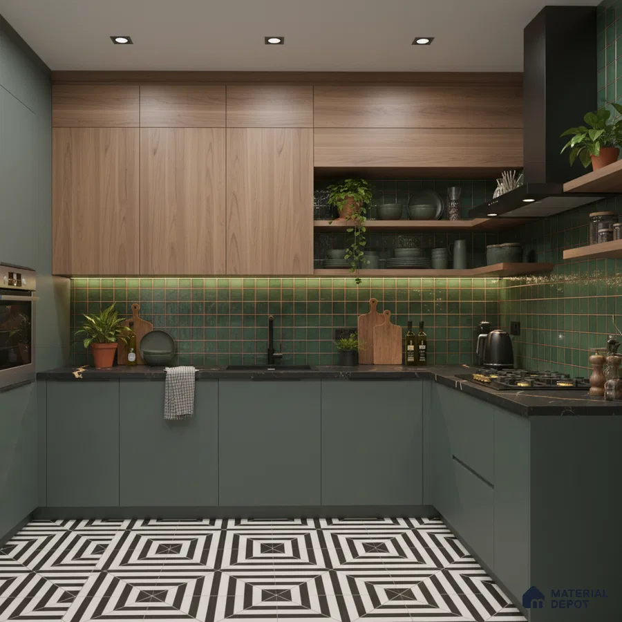Modern kitchen with sage green laminate, walnut wood laminate, green subway backsplash tile, and geometric black-and-white floor tile in Bengaluru