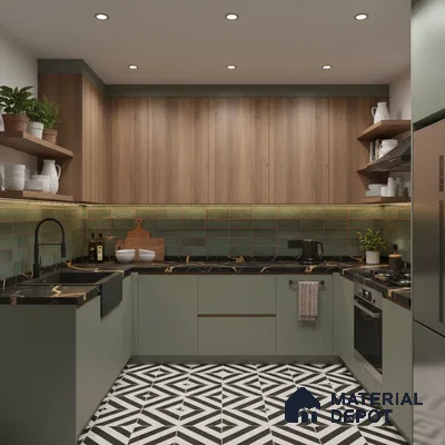 Modern kitchen with sage green laminate, walnut wood laminate, green subway backsplash tile, and geometric black-and-white floor tile in Bengaluru