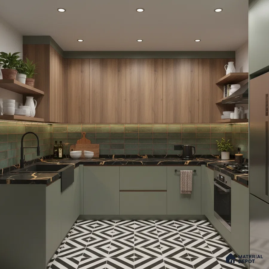 Modern kitchen with sage green laminate, walnut wood laminate, green subway backsplash tile, and geometric black-and-white floor tile in Bengaluru