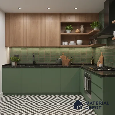 Modern kitchen with sage green laminate, walnut wood laminate, green subway backsplash tile, and geometric black-and-white floor tile in Bengaluru