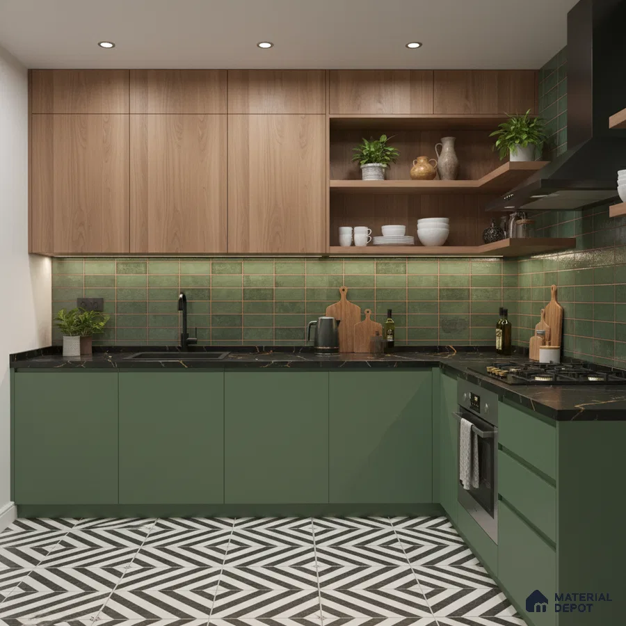 Modern kitchen with sage green laminate, walnut wood laminate, green subway backsplash tile, and geometric black-and-white floor tile in Bengaluru