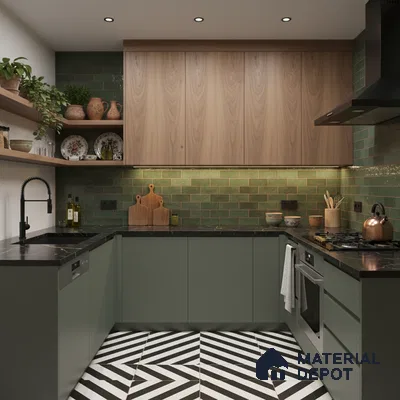 Modern kitchen with sage green laminate, walnut wood laminate, green subway tile backsplash, and black-and-white geometric floor tiles in Bengaluru