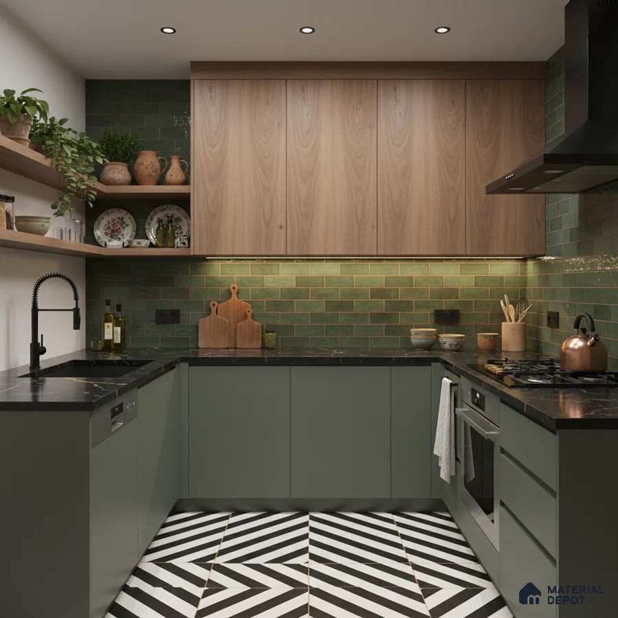 Modern kitchen with sage green laminate, walnut wood laminate, green subway tile backsplash, and black-and-white geometric floor tiles in Bengaluru