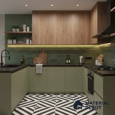 Modern kitchen with sage green laminate, walnut wood laminate, green subway tile backsplash, and geometric black-and-white floor tile in Bengaluru