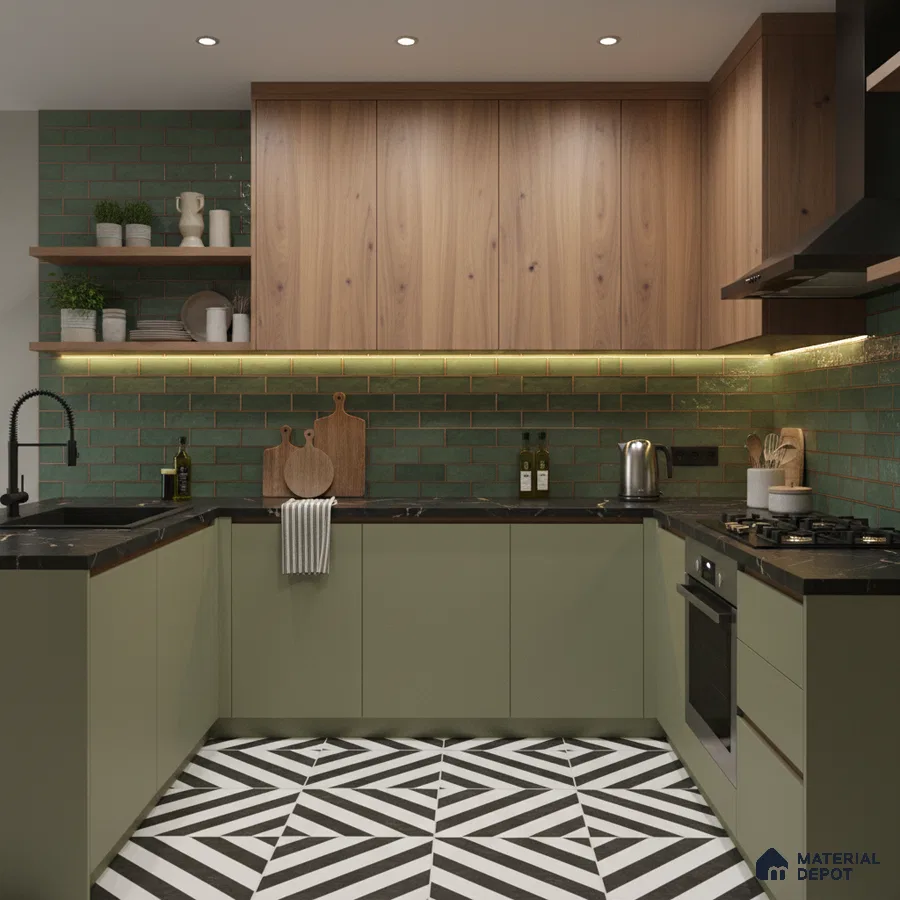 Modern kitchen with sage green laminate, walnut wood laminate, green subway tile backsplash, and geometric black-and-white floor tile in Bengaluru