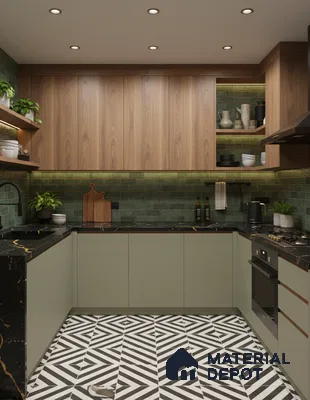 Modern kitchen with sage green laminate, walnut wood laminate, green subway tile backsplash, and geometric black-and-white floor tiles in Bengaluru